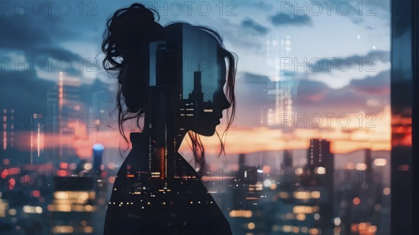 AI generated profile of a businesswoman with a double exposure of city lights, representing business success against an evening sky