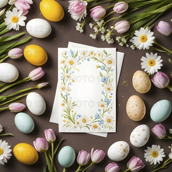 Easter card with delicate hand-drawn illustrations, placed among fresh flowers and decorated eggs, empty space for text, AI generated