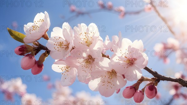 Blooming cherry blossoms with soft pink petals against a clear blue sky, with delicate sunlight filtering through, AI generated