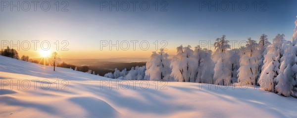 Footprints in fresh snow on a hill with a row of trees in winter in golden sunrise light, AI generated