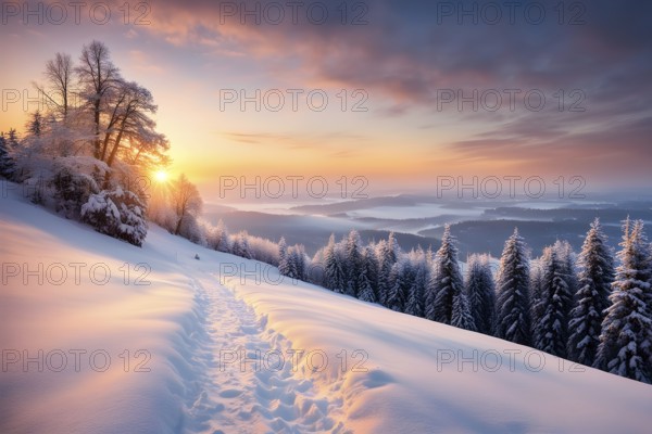 Footprints in fresh snow on a hill with a row of trees in winter in golden sunrise light, AI generated