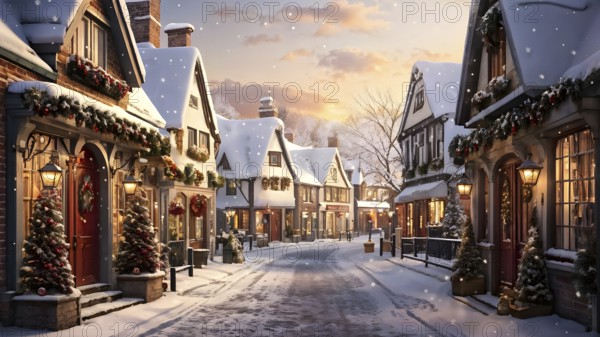 Wintery street scene in a small village with snow-covered rooftops in a warm golden light streaming from the windows, AI generated