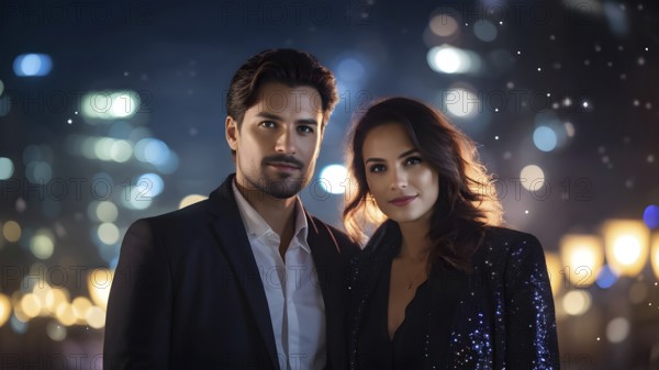 Couple standing against sparkling bokeh lights at night, AI generated