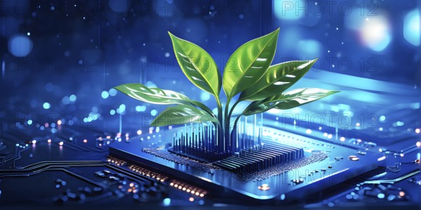 Plant growing on a computer chip representing digital ecology business, AI generated