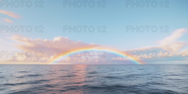 Beuatiful ocean scene with rainbow in blue sky. KI generiert, generiert, AI generated