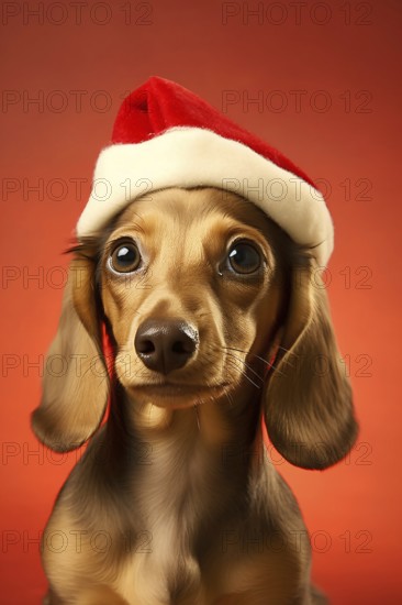 Cute brown Dachshund dog with Christmas santa hat on red background. KI generiert, generiert, AI generated