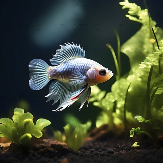 Single betta fish swimming gracefully in a minimalist nano tank encircled by delicate aquatic plant, AI generated