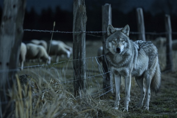 A wolf stands at a pasture fence at night and observes a grazing flock of sheep, symbolic image for herd protection, danger, killing by wolf attack, AI generated, AI generated, AI generated