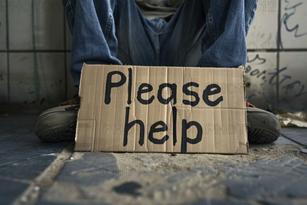 Cardboard sign with text 'Please help' and homeless beggar in background. KI generiert, generiert, AI generated