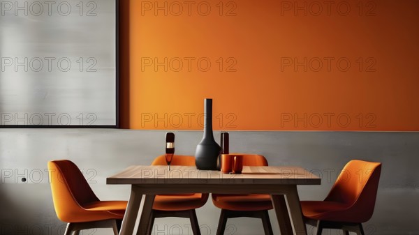 Minimalist modern interior showcasing a dining table with wooden chairs, AI generated