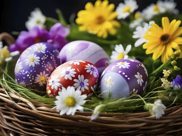 Vibrant-colored Easter eggs in a wicker basket, surrounded by delicate spring flowers, AI generated