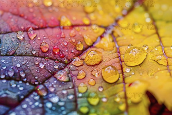 Water droplets on rainbow colored autumn leaves. Generative Ai, AI generated