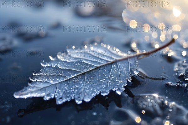 Delicate leaf resting on the surface of a frozen puddle, with intricate ice crystals forming beneath it, captured in soft, natural light, AI generated