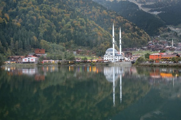 Uzungol mosque reflecting in the lake, Trabzon, Turkey, Asia