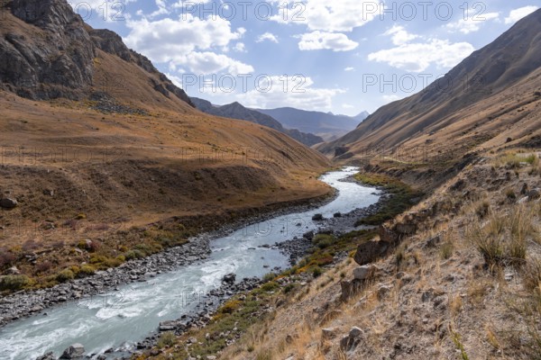 Mountain valley with river between golden meadows, Bolgart Valley, Naryn Province, Kyrgyzstan, Asia