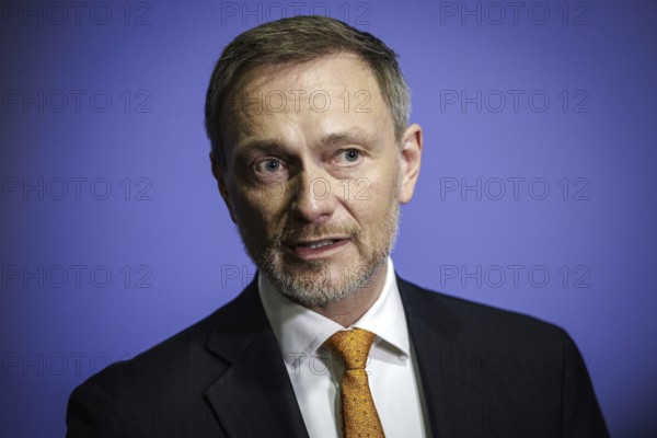 Christian Lindner, Federal Minister of Finance, photographed during a press statement after a citizens' dialogue of the Federal Ministry of Finance NOW In Dialogue in Lübeck, 06.02.2024. Photographed on behalf of the Federal Ministry of Finance