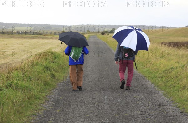 Orford Ness lighthouse Open Day, September 2017, Suffolk, England, UK, two men walking in rain holding umbrellas