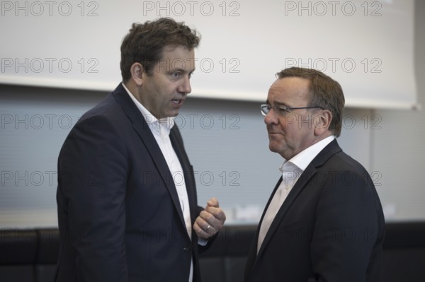 Boris Pistorius (SPD), Federal Minister of Defence and Lars Klingbeil, SPD party chairman, in conversation, recorded during the SPD parliamentary group meeting in Berlin, 12.03.2024