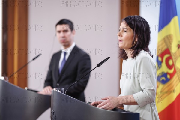 (R-L) Annalena Bärbock, Federal Foreign Minister, meets Mihai Popsoi, Moldovan Foreign Minister, for talks at the Federal Foreign Office. Taken during a joint press conference in Berlin, 09.04.2024. Photographed on behalf of the Federal Foreign Office'