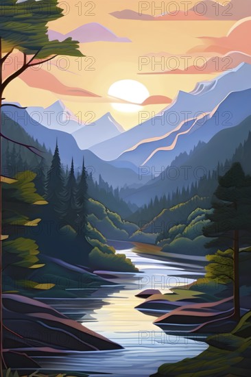 Abstract canvas illustration of a serene nature hike scenery with majestic mountains, AI generated