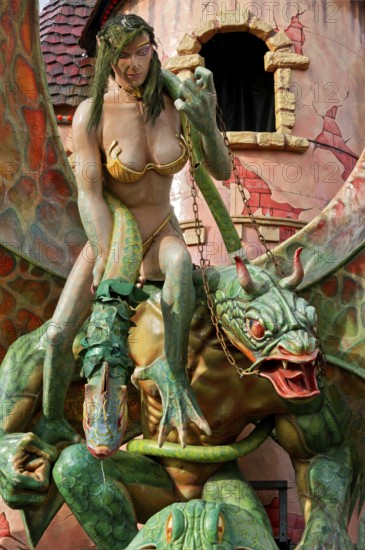 Figure, horror, mythical creature with dragon and snake on the ghost train at the Wies'n, Oktoberfest, Wiesn, Munich, Upper Bavaria, Bavaria, Germany, Europe