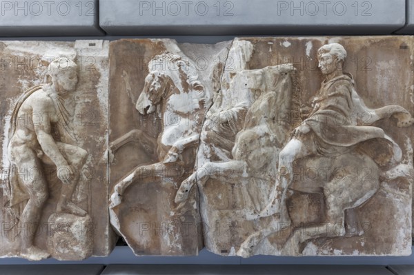 Scene with horsemen from the Parthenon frieze, original, Acropolis Museum, architect Bernard Tschumi, Athens, Greece, Europe