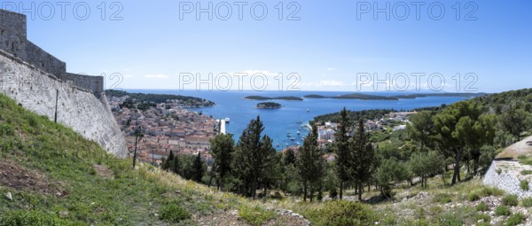 View from the castle to the old town of Hvar, island of Hvar, Dalmatia, Croatia, Europe