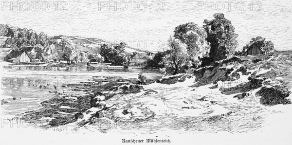 Mill pond in Svetlogorsk or Rauschen, Kaliningrad Oblast, Baltic Sea, Russia, seaside resort, natural landscape, hilly landscape, bum group, historical illustration 1880, Europe