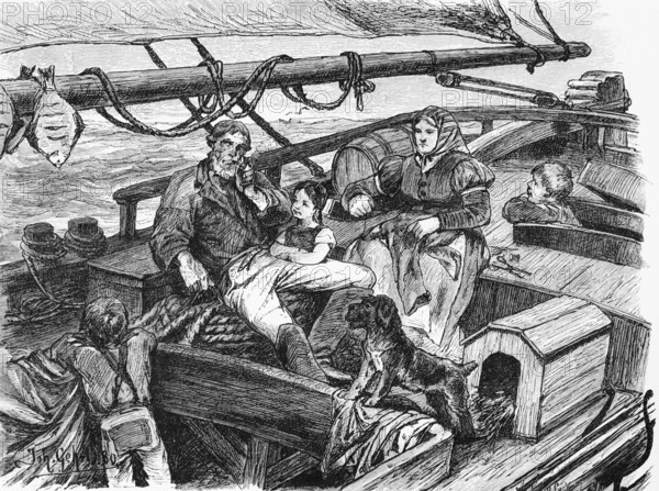 Fishing family on board, North Sea, East Frisia, Lower Saxony, one-master, wooden boat, fisherman, profession, family, sail, rope, dog, doghouse, Germany, historical illustration 1880, Europe