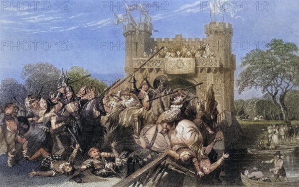 Steel engraving of The Mock Battle by T. A. Prior after a drawing by T. Allom with a scene from Scott's novel Kenilworth, Historic, digitally restored reproduction from a 19th century original, Record date not stated