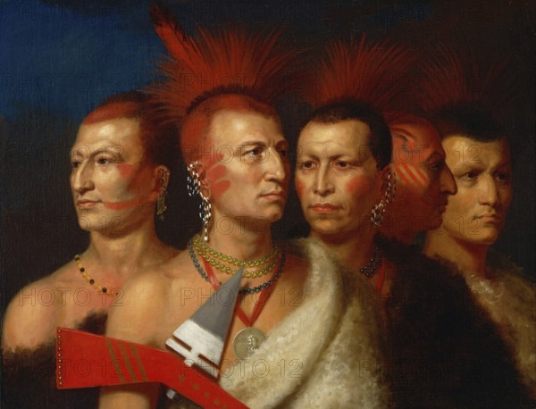 Indians, Native Americans, Young Omahaw, War Eagle, Little Missouri, And Pawnees, Chiefs, United States of America, USA, Painting by Charles Bird King (1785, 1862), c. 1840, Historic, digitally restored reproduction from a 19th century original, Record date not stated, North America