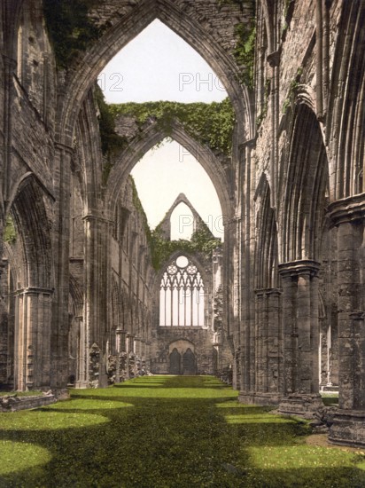 Tintern Abbey, a ruined abbey in the Welsh Wye Valley near the village of Tintern, Wales, Historic, digitally restored reproduction from a 19th century original, 1880, Record date not stated