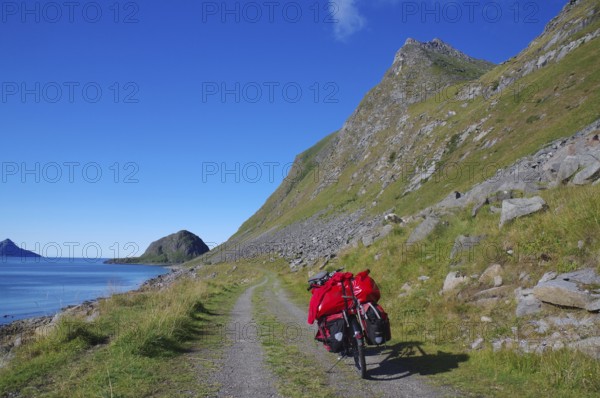 Cycling on a gravel road along the sea with a view of mountains and a bright blue sky, cycling holidays, adventure holidays, Haukland, Leknes, vestavagoya, Nordland, Lofoten, Norway, Europe