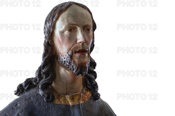 Palmesel wooden figure around 1880, Christ detail, on white background, Dominican convent Wettenhausen, Swabia, Bavaria, Germany, Europe