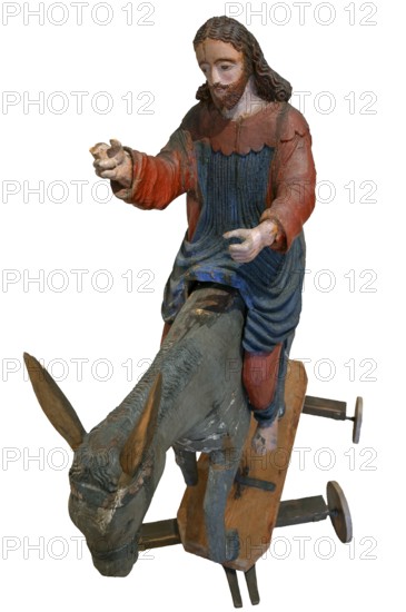 Christ on the palm donkey, on a white background, wooden figure from around 1400, Museum Bezau, Vorarlberg, Austria, Europe