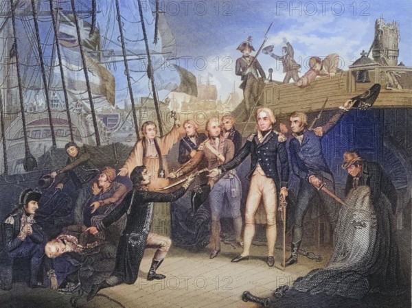 Admiral Nelson, Horatio Nelson, 1st Viscount Nelson, Duke of Bronte, receives the sword of the Spanish Admiral on board the San Josef, 14 February 1797, Historical, digitally restored reproduction from a 19th century original, Record date not stated