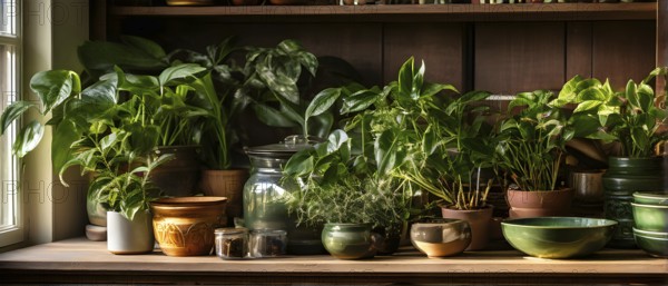 A sunlit kitchen corner, with a rustic wooden shelf holding neatly arranged ceramic bowls and a single, vibrant green houseplant, AI generated