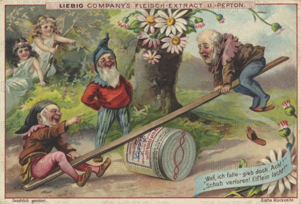 Picture series Elves and gnomes, dwarves swinging on a tin, Liebig picture, digitally restored reproduction of a collector's picture from around 1900, public domain, exact date unknown, dwarves and elves having fun on a seesaw in the garden