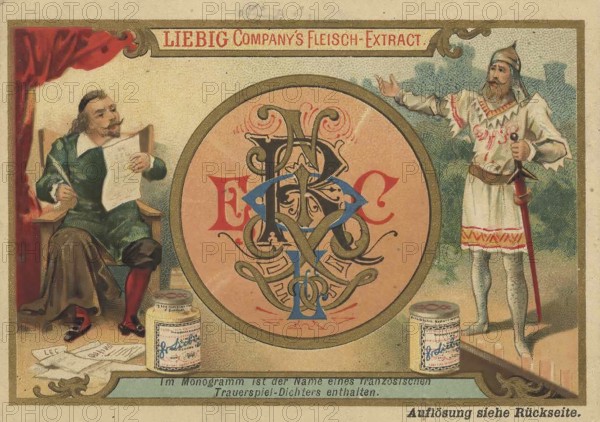 Picture series Riddles, The monogram contains the name of a French tragedy poet (Corneille), Liebig picture, digitally restored reproduction of a collective picture from ca 1900, public domain, exact date unknown, A poet with a monogram and a knight in a creative medieval scene