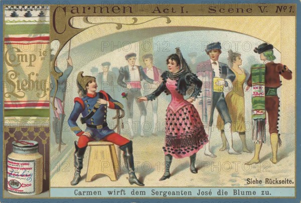 Picture series Opera Carmen, Carmen throws the flower to the sergeant, Liebig picture, digitally restored reproduction of a collector's picture from ca 1900, public domain, exact date unknown, A stage-like representation with dancers and musicians in costumes