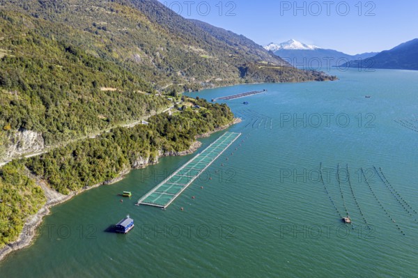 Aerial view of salmon farm in the Reloncavi fjord southeast of Puerto Montt, Chile, South America