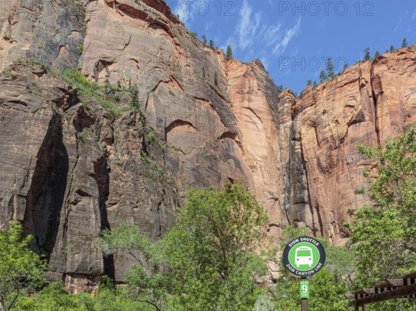 Shuttle Stop #9 at the Temple of Sinawava at the end of the Zion Canyon shuttle route in Zion National Park, Utah