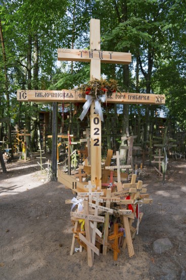 Wooden cross with inscriptions surrounded by other crosses in a forest, cross forest on the holy mountain Grabarka, most important orthodox pilgrimage site in Poland, Grabarka, Powiat Siemiatycze, Podlaskie Voivodeship, Podlaskie, Poland, Europe