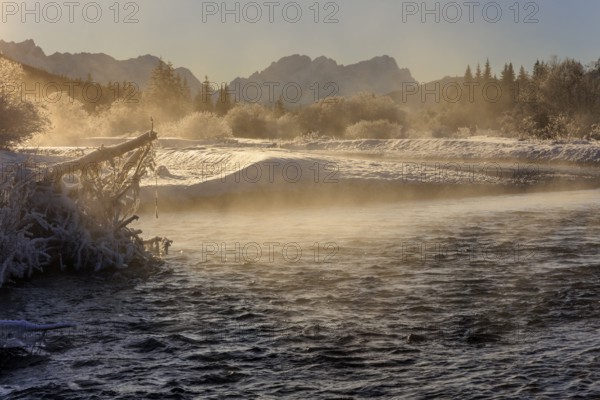 Wild river, riverbed, winter, snow, hoarfrost, backlight, fog, Isar, view of Zugspitze, Wetterstein mountains, Bavaria, Germany, Europe