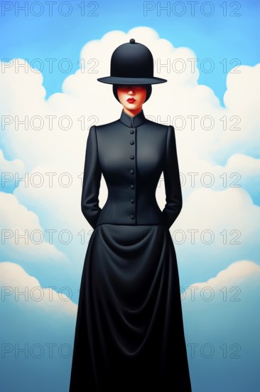 Surrealist representation of a woman in black dress with a bowler hat, AI generated