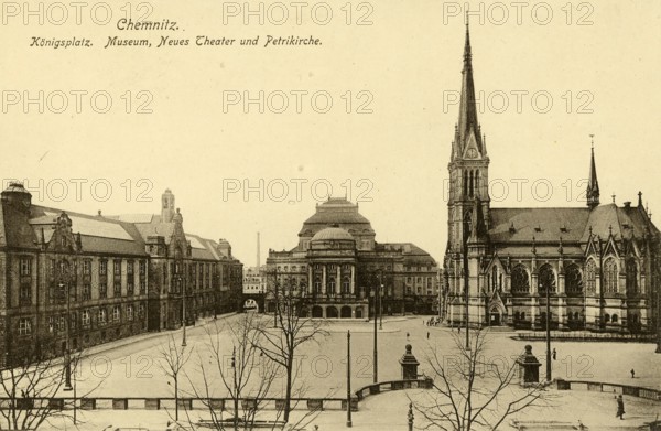 Königsplatz, Museum, Neues Theater, Petrikirche, Chemnitz, 1911, Saxony, Germany, digitally enhanced reproduction from a historical original, c. 1900, public domain, Europe