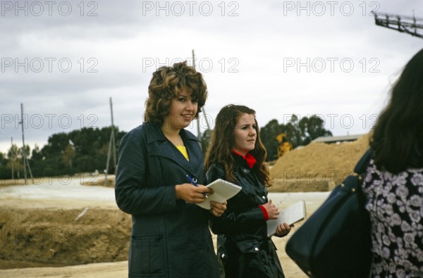 British geography students with notepads on a field trip to the sea salt pans in Cotusal, Tunisia, North Africa, 1972, Africa