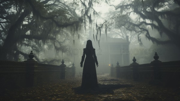 Eerie haunting ghostly female figure walking in front of a foggy southern plantation antebellum mansion on halloween night, generative AI