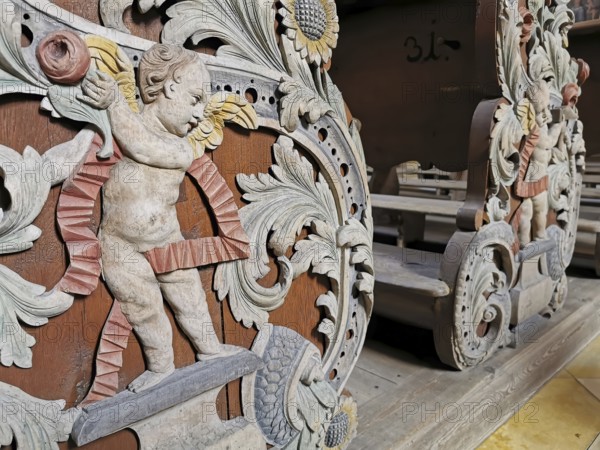 Carved pews, interior of the collegiate church of Speinshart Monastery, abbey of the Premonstratensian Order, Neustadt an der Waldnaab district, Upper Palatinate, Bavaria, Germany, Europe