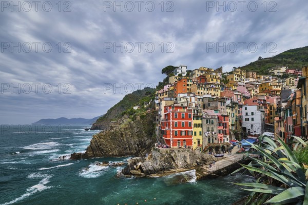 Riomaggiore village popular tourist destination in Cinque Terre National Park a UNESCO World Heritage Site, Liguria, Italy in stormy weather